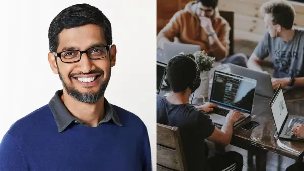 Sundar Pichai ler, omgiven av ett team av bra medarbetare som arbetar fokuserat vid sina laptops.