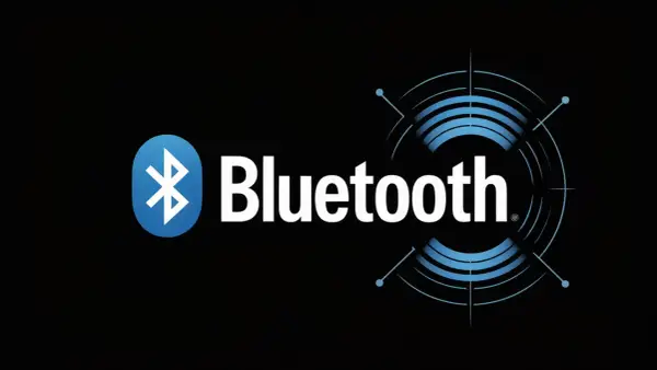 Logo Bluetooth, symbolizujące komunikację bezprzewodową, z nazwą technologii.
