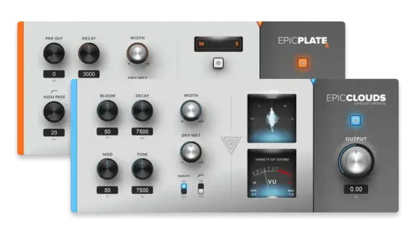 Two audio plugins, EPICPLATE 2 and EPICCLOUDS, showcasing controls for creating rich ambient reverb effects. Discover your next free reverb vst.