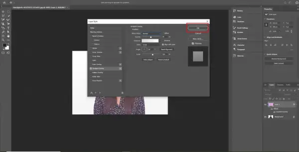 Finestra "Stile livello" con "Sfumatura Photoshop" attiva, impostazioni di sfumatura visibili e pulsante "OK" evidenziato.