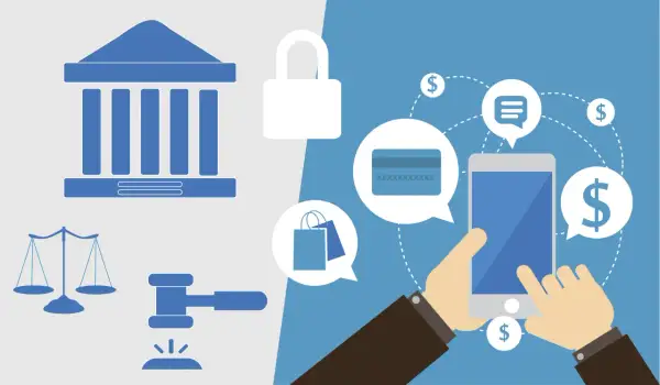 Ilustración de elementos legales y financieros: balanza, mazo, candado, banco, tarjeta de crédito, bolsas de compra y smartphone. Claves para los requisitos legales para abrir una tienda online.