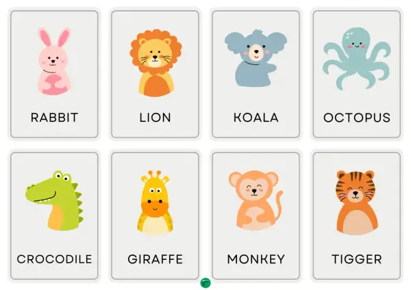 Tarjetas educativas con dibujos de animales en inglés: conejo, león, koala, pulpo, cocodrilo, jirafa, mono y tigre.