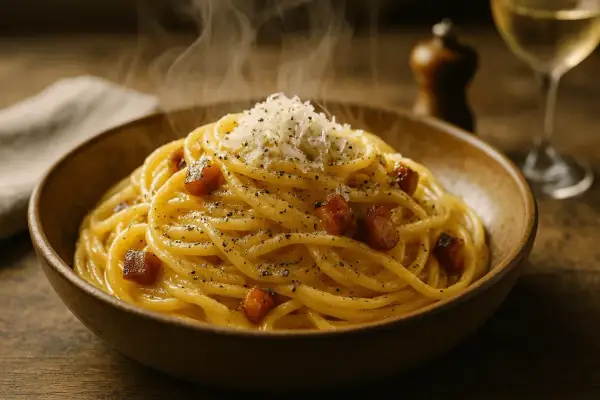 Spaghetti carbonara fumant dans un bol en bois, garni de lardons et de parmesan râpé.