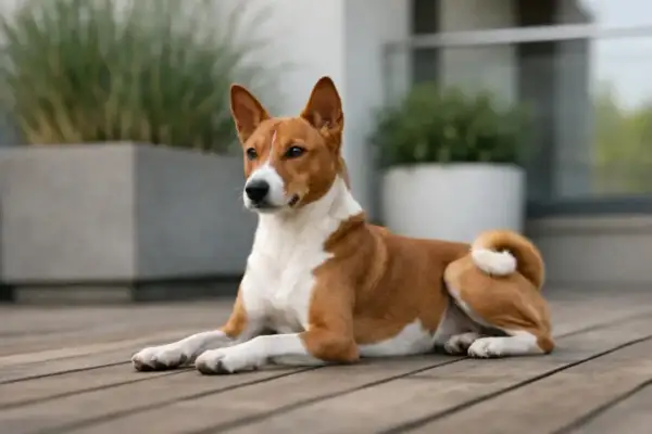 Elegancki basenji leży na drewnianym tarasie. Zastanawiasz się nad basenji cena?