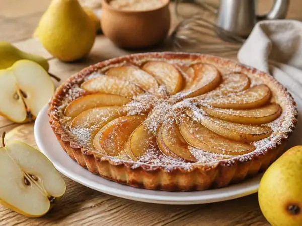 Une délicieuse tarte aux poires, saupoudrée de sucre glace, est présentée sur une assiette blanche. Des poires fraîches sont disposées autour.