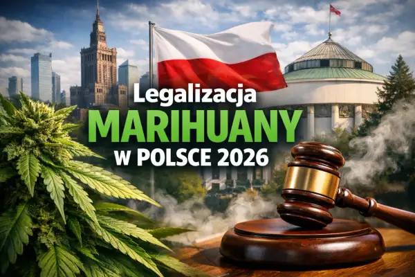 Konopie, polska flaga, budynek Sejmu i młotek sędziowski na tle Warszawy.