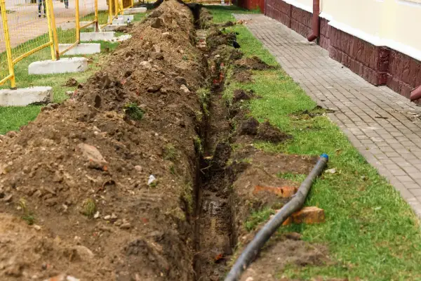 Wygląda na to, że kopany jest rów melioracyjny w granicy działki, z widocznym przewodem i ziemią usuniętą na bok.