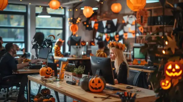 Bureau décoré pour Halloween, citrouilles et guirlandes lumineuses créent une ambiance festive.