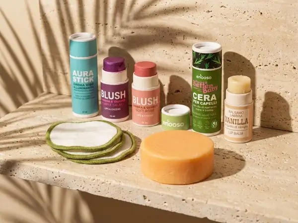 Prodotti di bellezza naturali: blush, balsamo labbra alla vaniglia e cera per capelli con cera di carnauba.