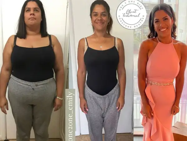 Vorher-nachher-Bilder zeigen eine Frau, die dank One 2 One Diet 50 kg abgenommen hat. Sie strahlt in einem eleganten rosa Kleid.