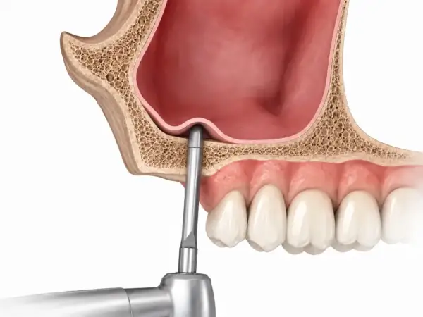 Ilustración de elevación de seno maxilar, mostrando un instrumento dental elevando la membrana sinusal para crear espacio para el injerto óseo.