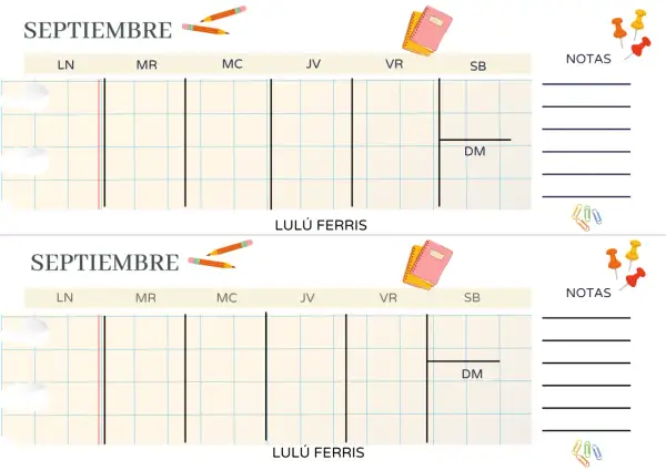 Calendario de septiembre con espacio para notas. Lápices y libretas decoran el diseño.