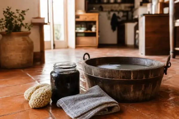 Savon noir cos'è? Un barattolo di sapone nero, spugne naturali e un telo grigio accanto a un catino di legno con acqua.