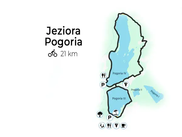 Mapa z trasami rowerowymi wokół Jeziora Pogoria. Długość trasy 21 km.