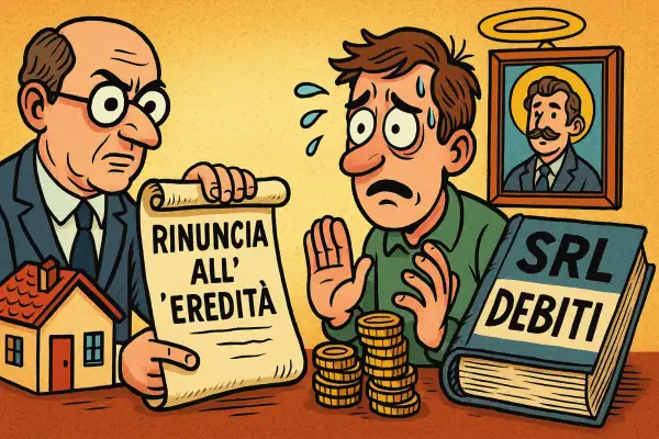 Uomo preoccupato davanti a un documento di rinuncia parziale eredità, con una casa, monete e un libro "SRL Debiti".
