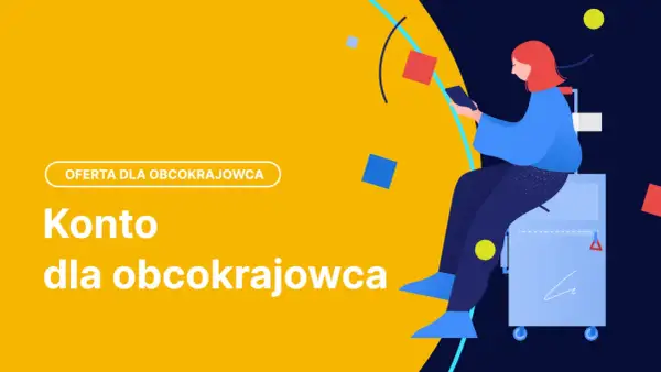 Oferta "Konto dla obcokrajowca bez karty pobytu". Kobieta z telefonem siedzi na walizce.