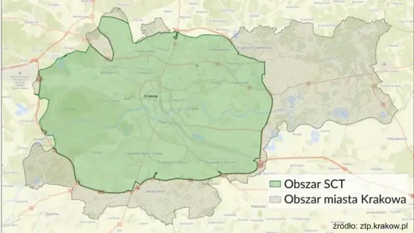 Mapa Krakowa z zaznaczonym obszarem SCT i obszarem miasta, pokazująca zasięg strefy czystego transportu, która ma na celu poprawę norm spalin w Krakowie.