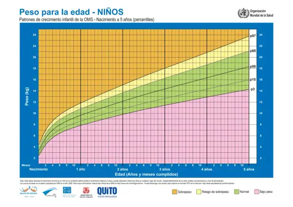 Gráfico OMS de peso para la edad de niños. Muestra percentiles de peso para un peso niño 2 años y hasta 5 años.