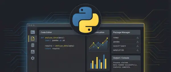 Interface de développement pour le **comment python** avec un éditeur de code, des graphiques et un gestionnaire de paquets.