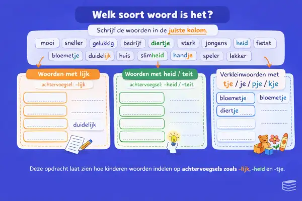 Dictee groep 7: woorden met -lijk, -heid/-teit en verkleinwoorden met -tje/-je/-pje/-kje.