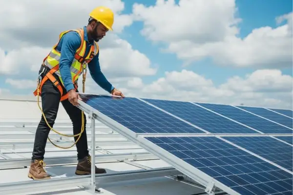 Técnico instala placas solares en casa de campo, asegurando energía limpia bajo un cielo azul con nubes.
