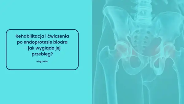 Rehabilitacja po endoprotezie biodra. Grafika przedstawia miednicę z zaznaczonymi stawami biodrowymi, sugerując przykurcz biodra.