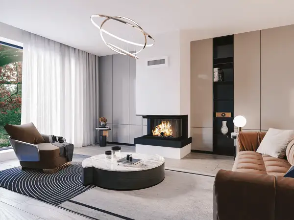 Salon moderne avec cheminée, fauteuil design et canapé en velours. Un insert ufc-que choisir pour un confort optimal.