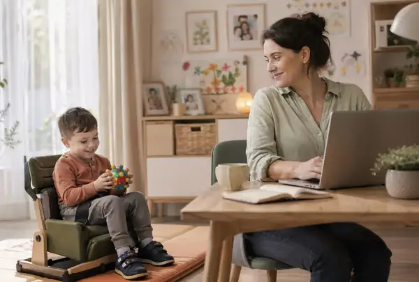 Kobieta pracuje przy laptopie, podczas gdy jej syn bawi się obok. To obraz codzienności, gdzie świadczenie pielęgnacyjne a praca splatają się w jedno.