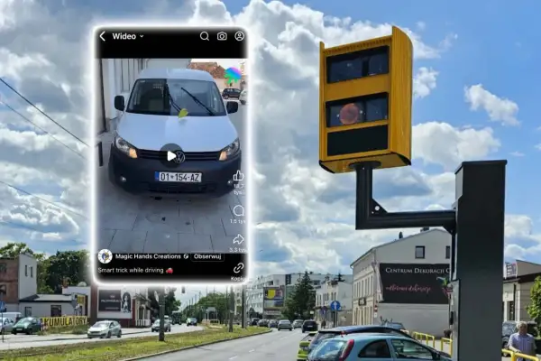 Biały van z tablicą rejestracyjną 01-154-AZ, na którym widać żółty fotoradar. Kierowca próbuje oszukać system, by uniknąć mandatu z fotoradaru.