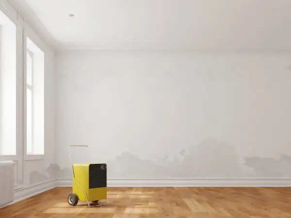 Gelber Luftentfeuchter bekämpft Feuchtigkeit aus Wand ziehen hausmittel. Flecken an der Wand deuten auf Probleme hin.