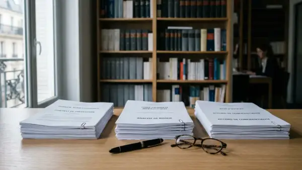 Trois piles de documents juridiques sur un bureau, dont un contrat et une analyse de risque. L'escroquerie par code pénal est un sujet complexe.