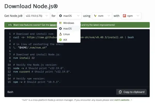 Interface de téléchargement de Node.js avec options pour macOS, Windows, Linux, AIX et un aperçu du code.