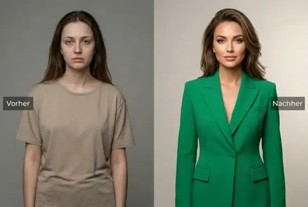 Vorher/Nachher-Vergleich: Eine Frau in einem einfachen T-Shirt wird durch eine professionelle Typberatung Kleidung in einem eleganten grünen Blazer verwandelt.
