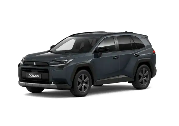 Ciemnoszary Suzuki Across, SUV z czarnymi dodatkami i felgami, gotowy na każdą podróż.