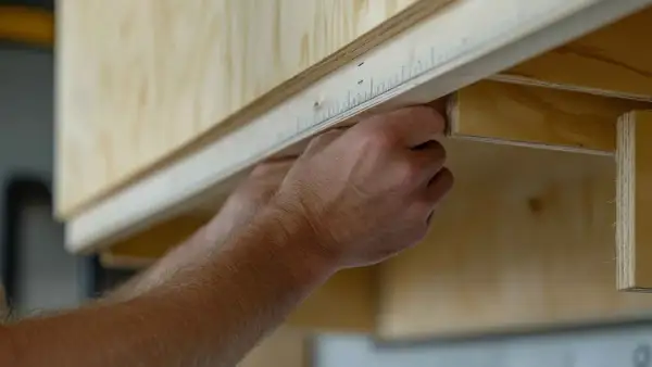 Man mid-measure, planning como poner baldas en un armario. Mide con precisión la madera para un ajuste perfecto.