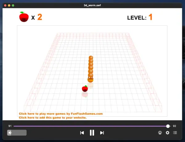 A 3D worm game, likely a .swf file for Mac, shows a segmented orange worm on Level 1, with two apples collected.