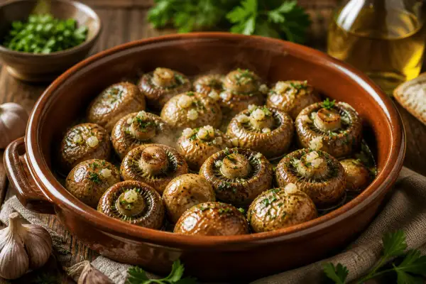 Champiñones al horno, dorados y jugosos, servidos en una cazuela de barro con ajo y perejil.