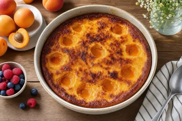 Un délicieux flan aux abricots, doré et appétissant, entouré de fruits frais et d'une touche florale.