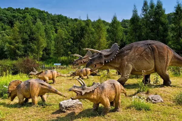 Stado triceratopsów na tle lasu – to atrakcja największego muzeum dinozaurów w Polsce.