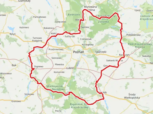 Mapa z zaznaczonymi trasami rowerowymi wokół Poznania, prowadzącymi przez tereny zielone i malownicze krajobrazy.