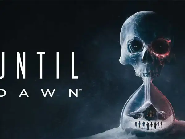 Grafika gry Until Dawn. Czas gry ucieka, gdy czaszka-klepsydra z domkiem i ludzikami w środku symbolizuje grozę.