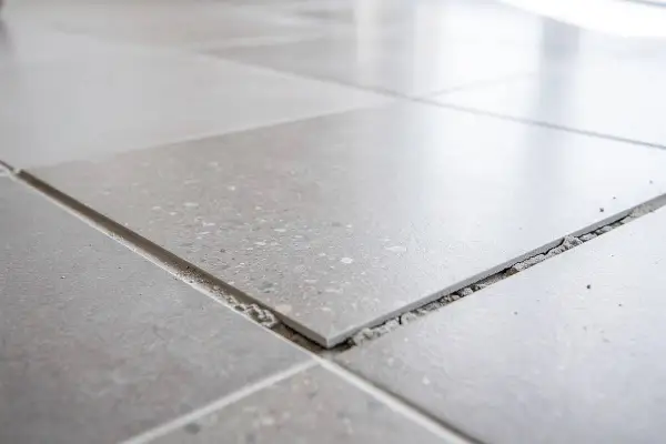 Carrelage gris, certaines dalles se soulèvent, révélant le gravier en dessous. Un signe de vieillissement, peut-être une décennale carrelage à prévoir.