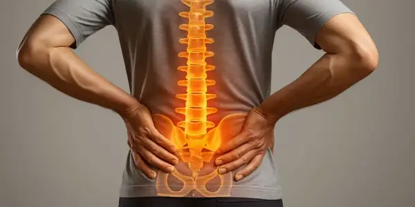Mann mit schmerzhaftem Rücken, dessen Wirbelsäule orange leuchtet, was auf aktivierte Osteochondrose hindeutet.
