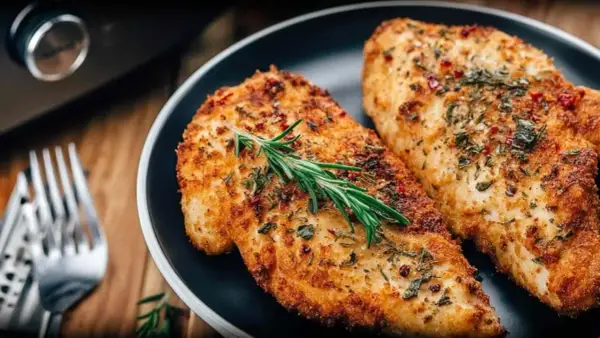 Dwa soczyste **piersi z kurczaka air fryer**, przyprawione ziołami i podane z gałązką rozmarynu. Idealne na szybki obiad.