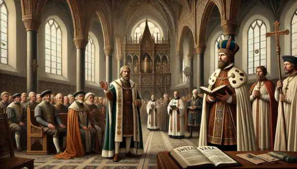 Kung Gustav Vasa läser ur en bok i en kyrka, omgiven av präster och adelsmän. Scenen skildrar reformationen i Sverige.