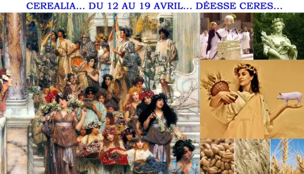 Exposé sur Déméter, déesse des moissons, avec des scènes de fête, des statues et des épis de blé.