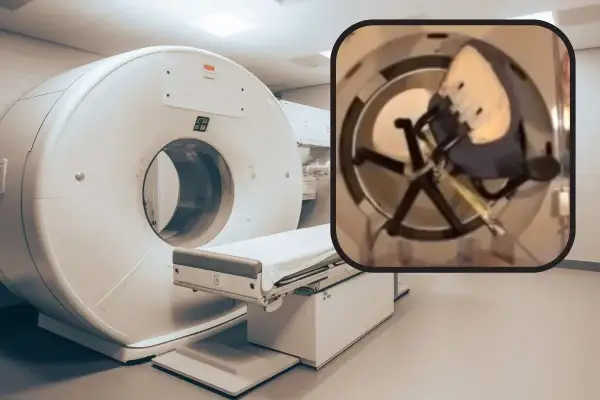 Tomografia komputerowa wykrywa metal w ciele. Wewnątrz aparatu widać specjalne mocowanie, które może być używane do badania pacjentów z implantami.