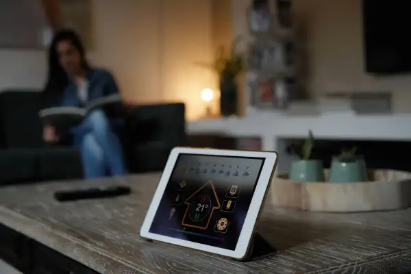 Tablette affichant l'interface d'un thermostat connecté pour chaudière gaz. Une femme lit sur un canapé en arrière-plan.