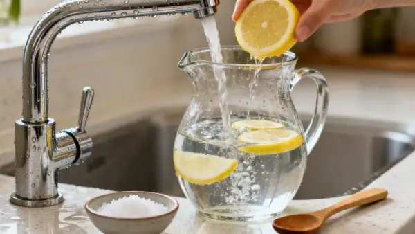 Une main ajoute une tranche de citron dans une carafe d'eau, une astuce pour comment adoucir l'eau. Sel et cuillère en bois à proximité.