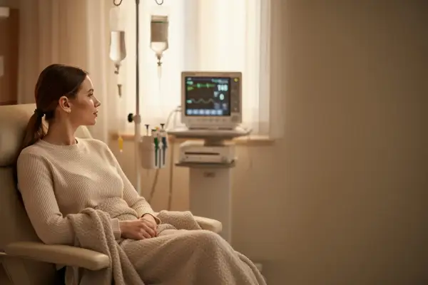 Kobieta w fotelu czeka na zakończenie terapii. Zastanawia się, ile trwa chemioterapia, podczas gdy kroplówka powoli się wchłania.